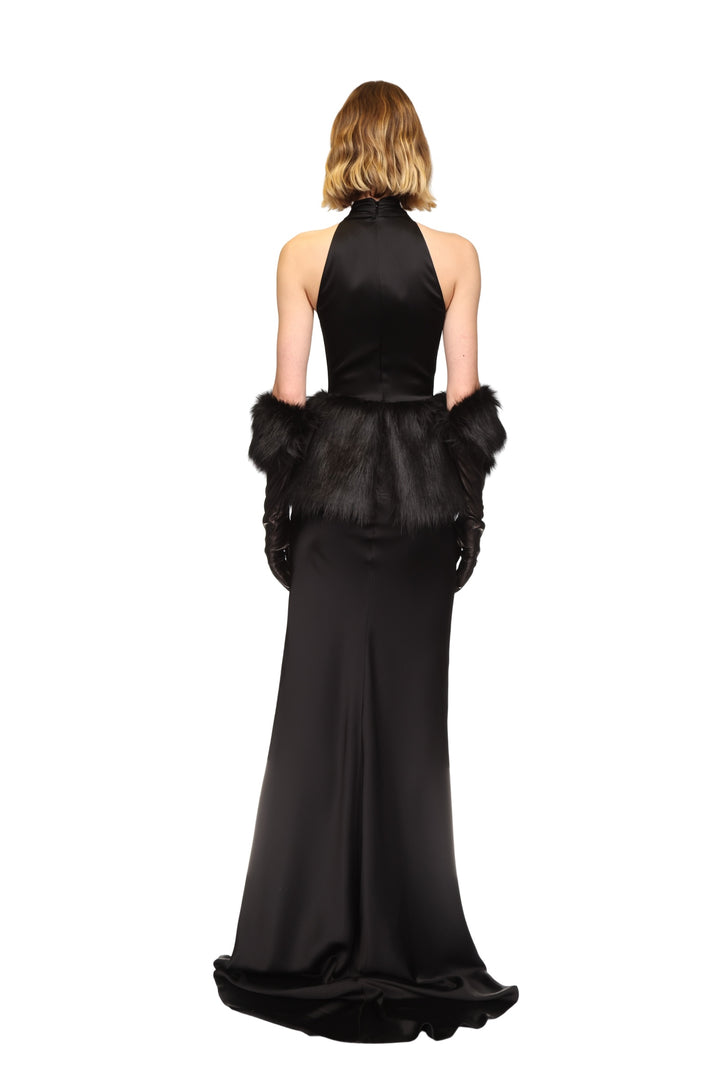 FAUX FUR PEPLUM TRIM GOWN