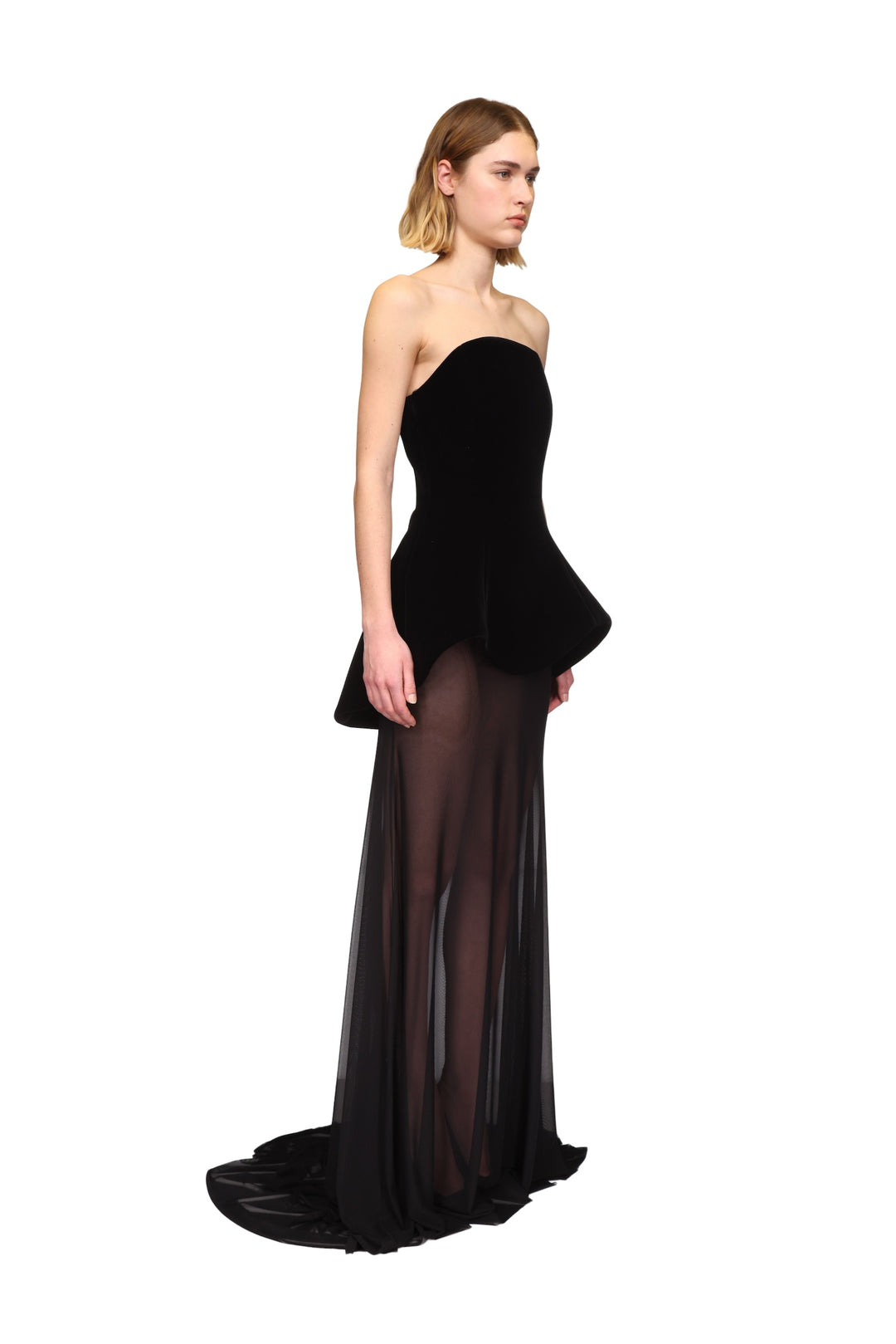 STRAPLESS CURVED HEM GOWN WITH MESH SKIRT