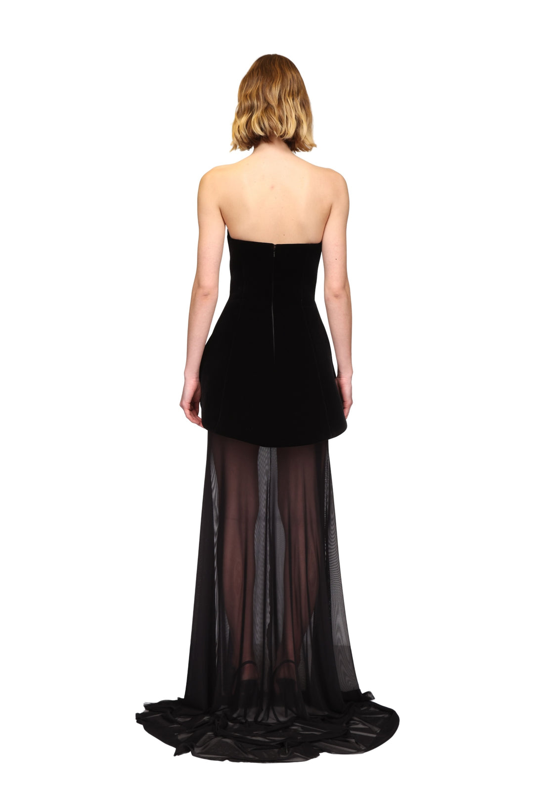 STRAPLESS CURVED HEM GOWN WITH MESH SKIRT