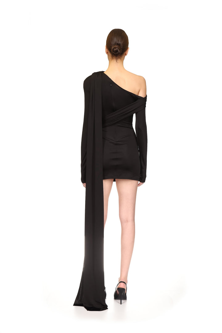 CRYSTAL BROOCH AND ONE SHOULDER MINI DRESS
