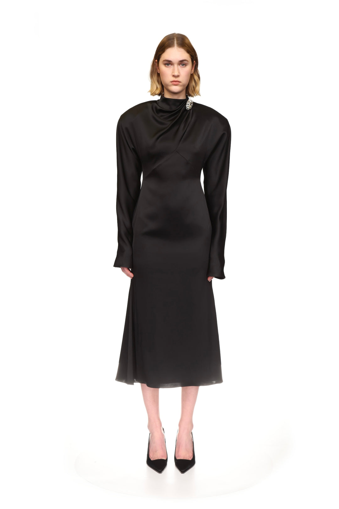 STRUCTURED SHOULDERS SATIN MIDI DRESS