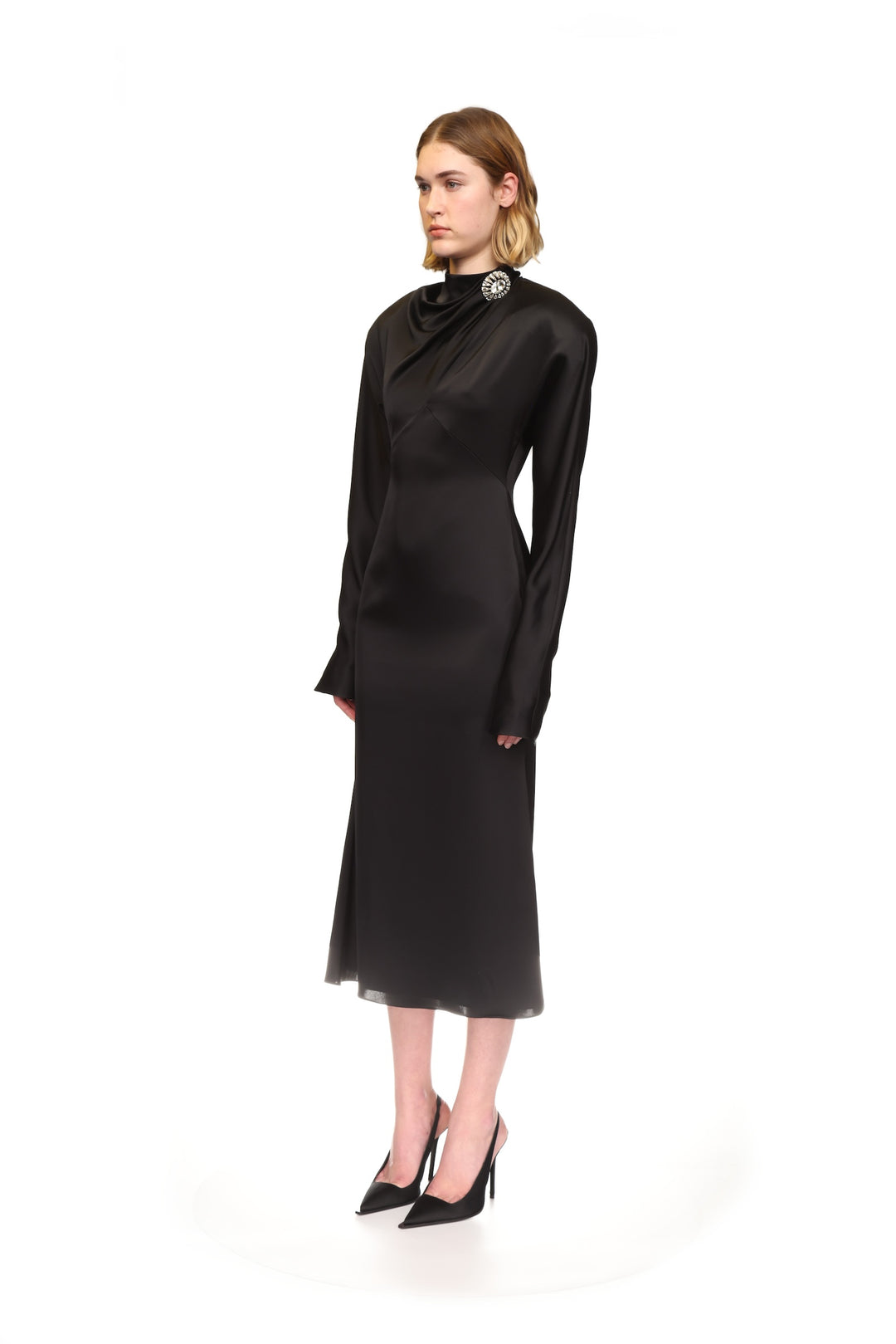 STRUCTURED SHOULDERS SATIN MIDI DRESS