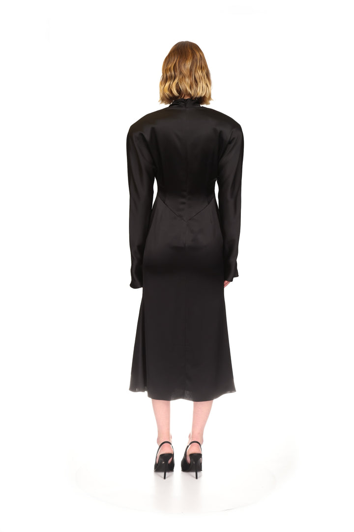 STRUCTURED SHOULDERS SATIN MIDI DRESS