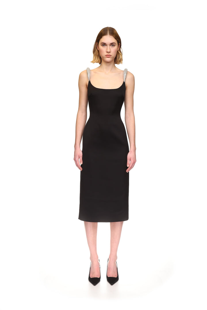 CURVED CRYSTAL STRAP DETAIL MIDI DRESS