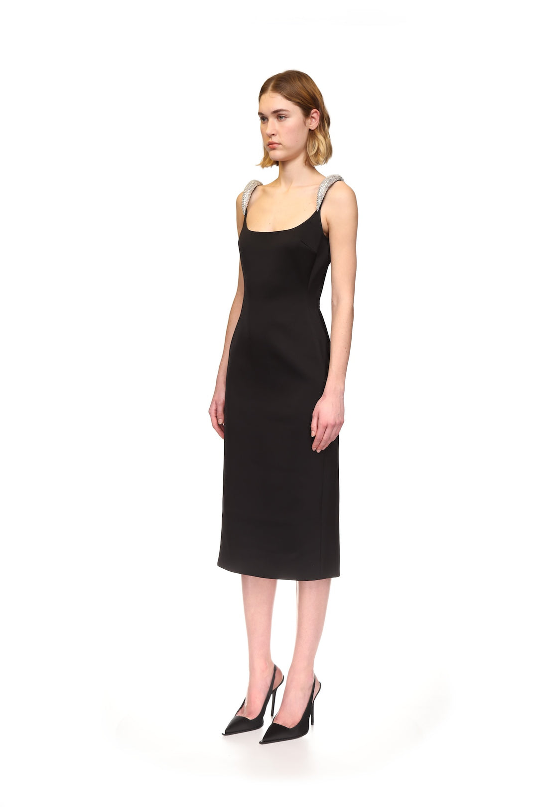 CURVED CRYSTAL STRAP DETAIL MIDI DRESS