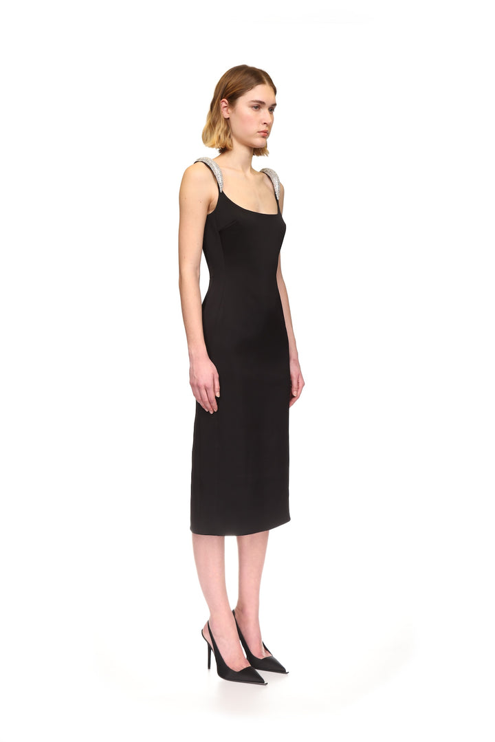 CURVED CRYSTAL STRAP DETAIL MIDI DRESS