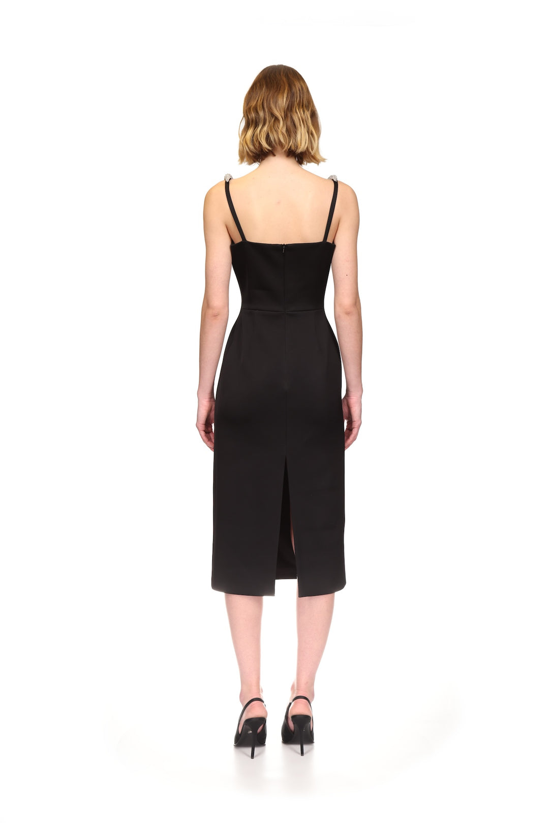CURVED CRYSTAL STRAP DETAIL MIDI DRESS