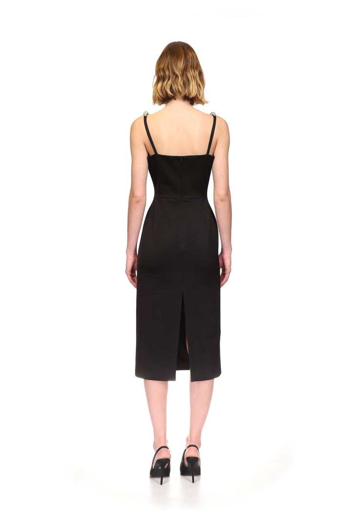 CURVED CRYSTAL STRAP DETAIL MIDI DRESS