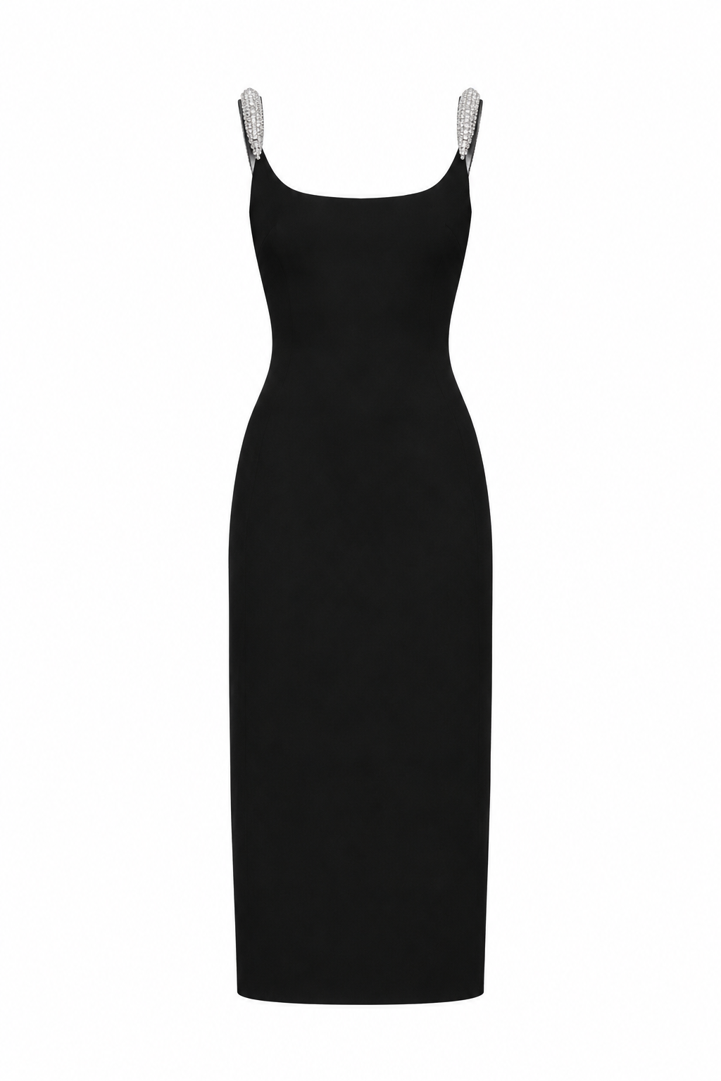 CURVED CRYSTAL STRAP DETAIL MIDI DRESS