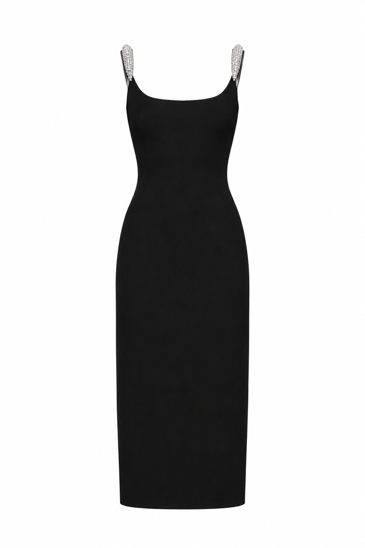 CURVED CRYSTAL STRAP DETAIL MIDI DRESS