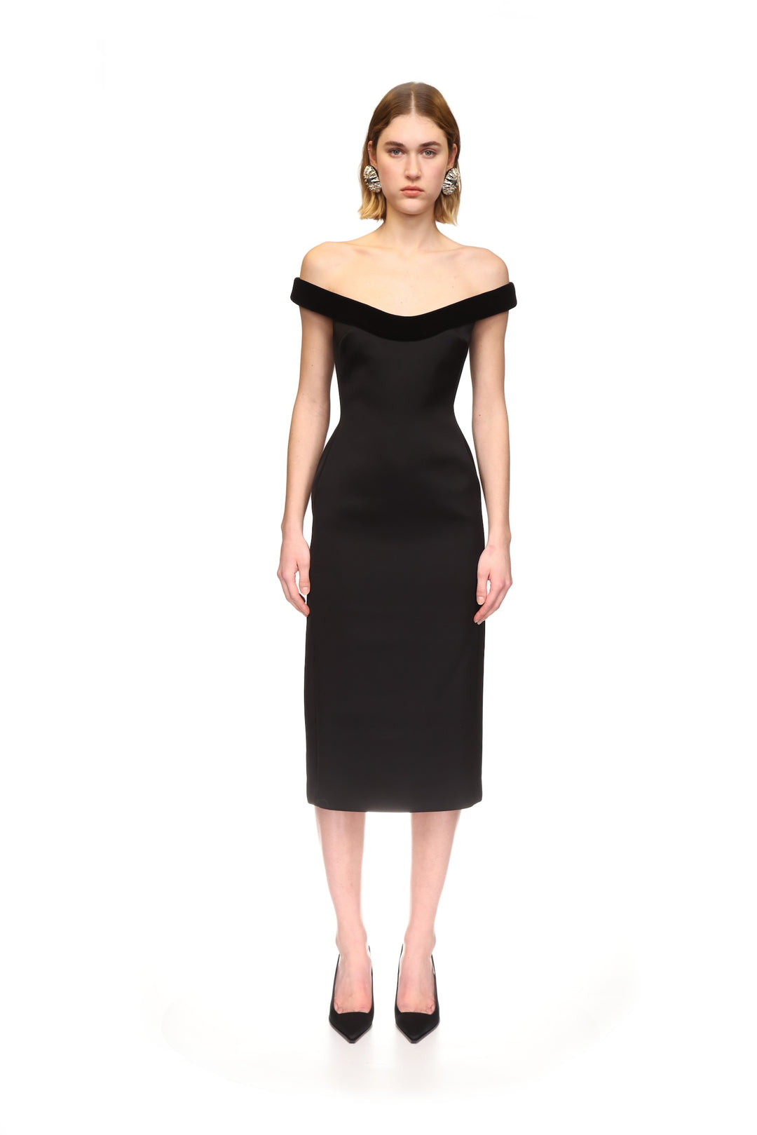 VELVET TRIMMED OFF-THE-SHOULDER MIDI DRESS
