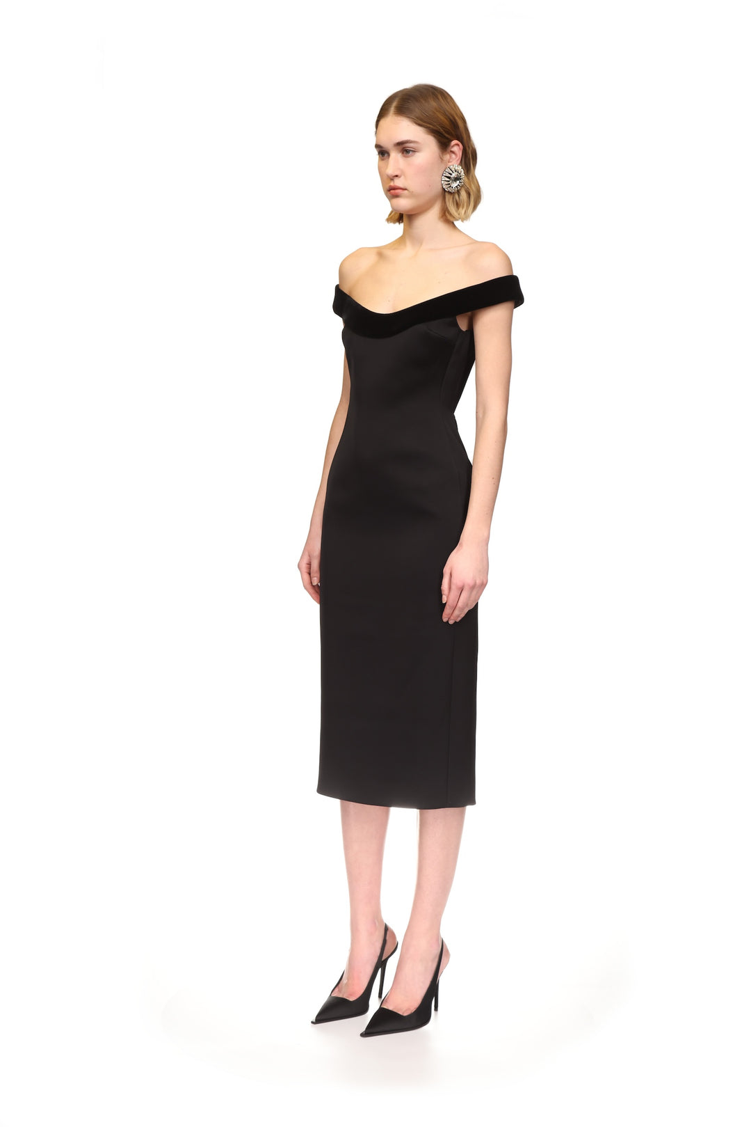 VELVET TRIMMED OFF-THE-SHOULDER MIDI DRESS