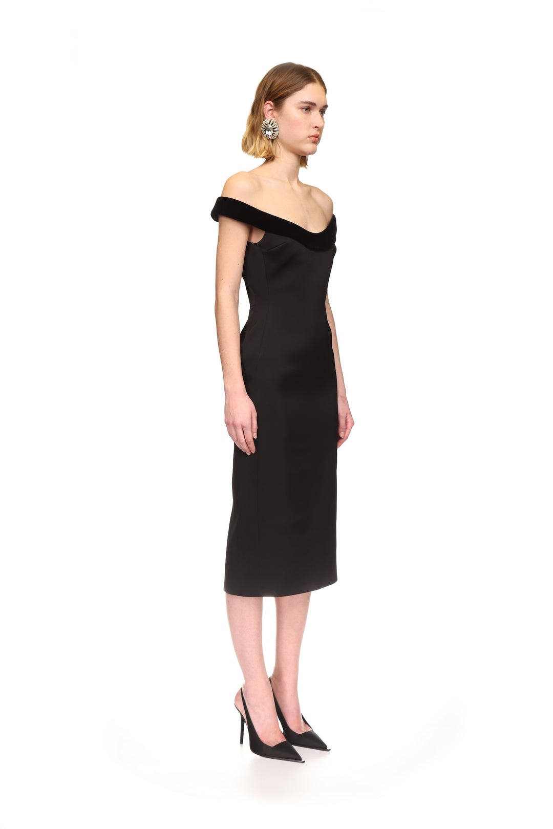 VELVET TRIMMED OFF-THE-SHOULDER MIDI DRESS