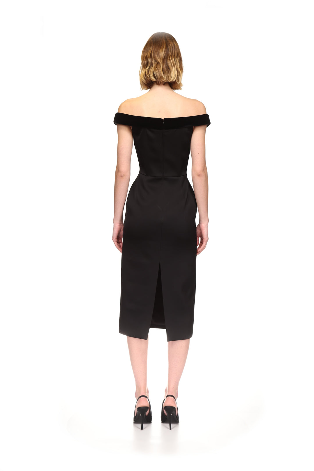 VELVET TRIMMED OFF-THE-SHOULDER MIDI DRESS