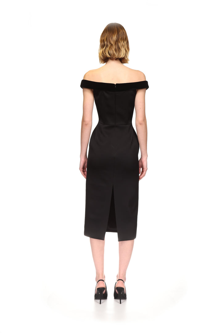 VELVET TRIMMED OFF-THE-SHOULDER MIDI DRESS