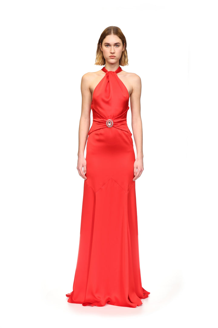 HALTERNECK GOWN WITH PENDANT WAIST DETAIL
