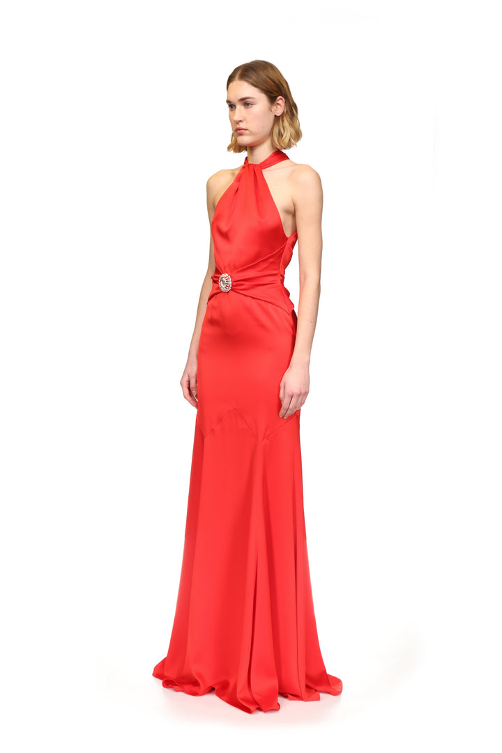 HALTERNECK GOWN WITH PENDANT WAIST DETAIL