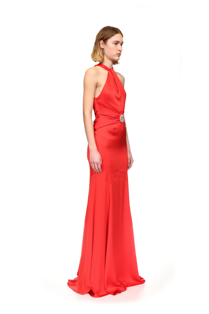 HALTERNECK GOWN WITH PENDANT WAIST DETAIL