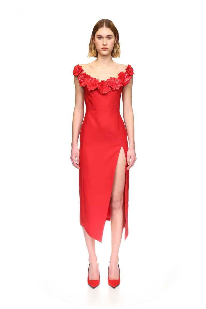 3D FLOWER MIDI DRESS WITH OPEN LEG
