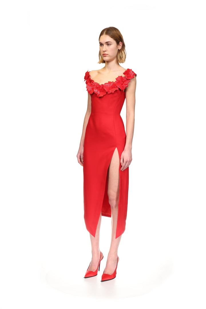 3D FLOWER MIDI DRESS WITH OPEN LEG