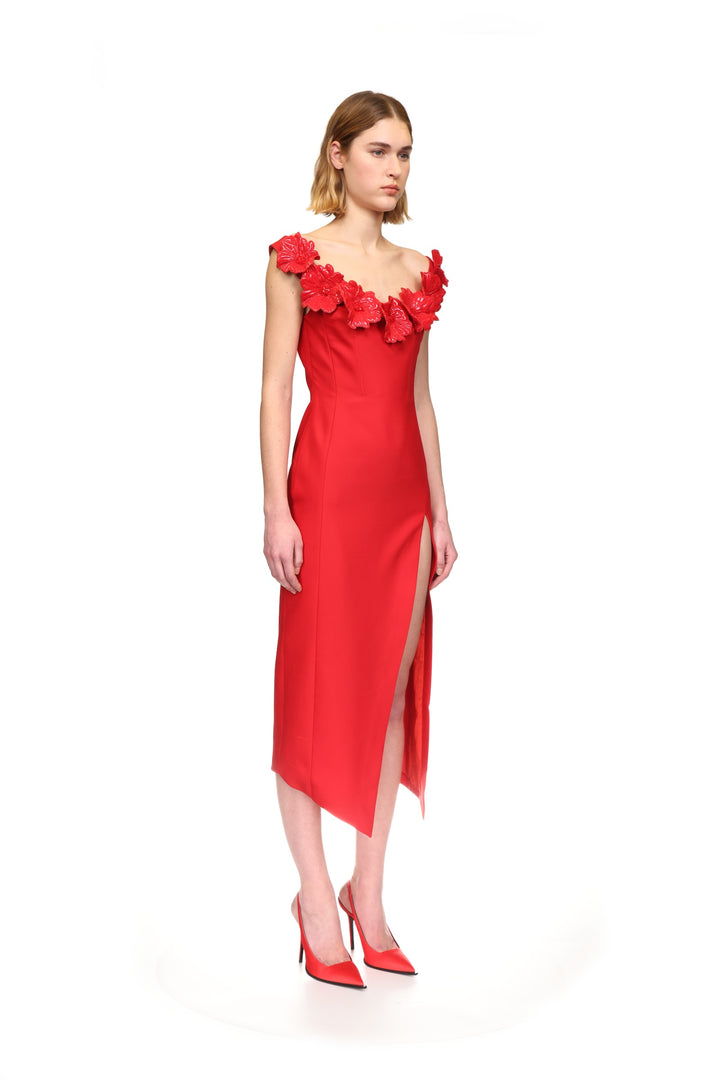 3D FLOWER MIDI DRESS WITH OPEN LEG