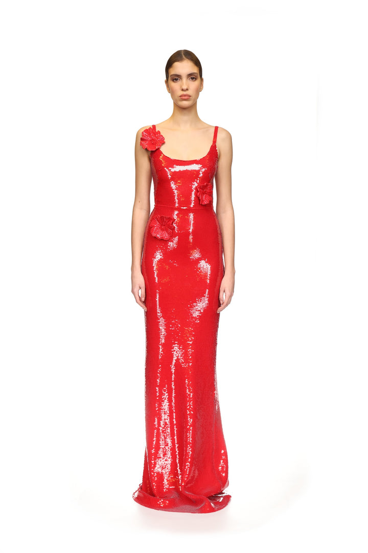 SEQUIN GOWN WITH 3D FLOWERS