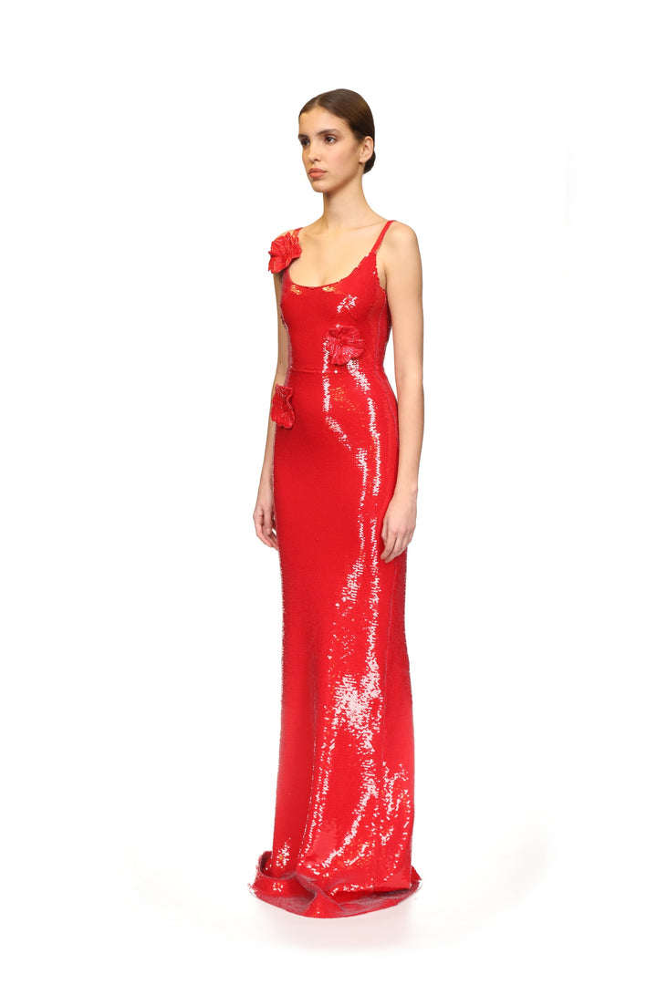 SEQUIN GOWN WITH 3D FLOWERS