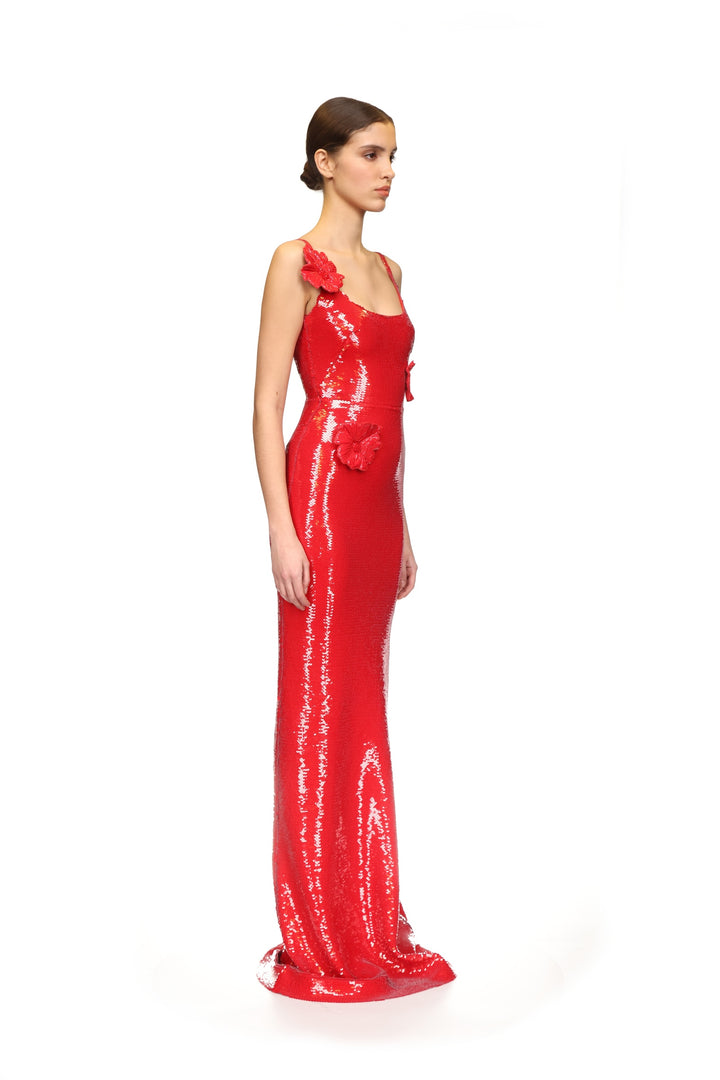 SEQUIN GOWN WITH 3D FLOWERS