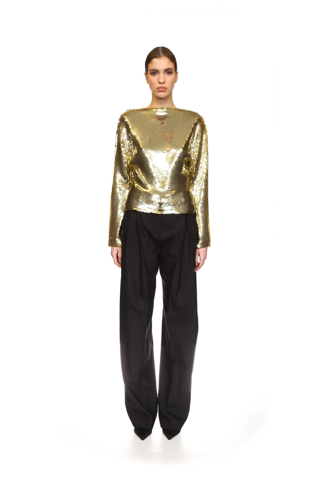 SEQUIN DRAPED BACK LONG SLEEVE TOP