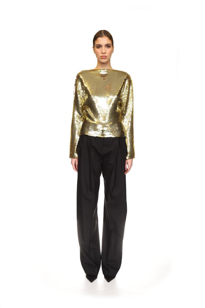 SEQUIN DRAPED BACK LONG SLEEVE TOP