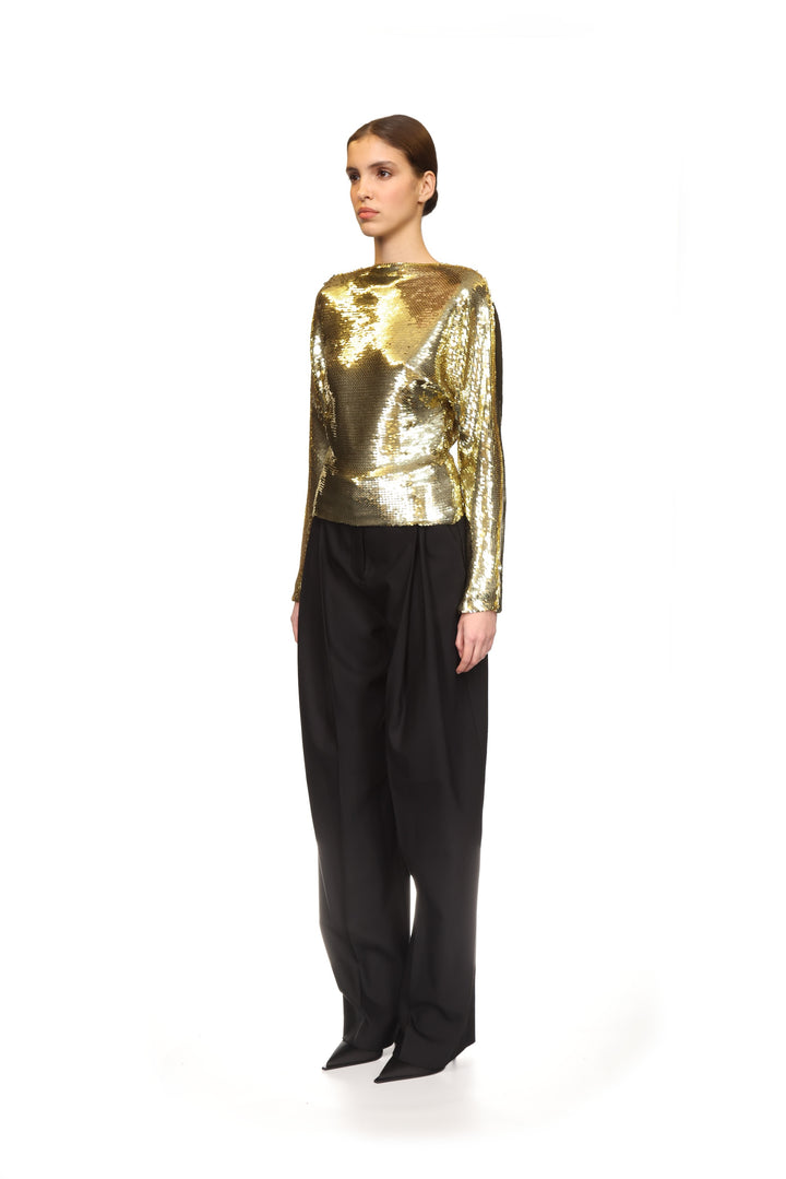 SEQUIN DRAPED BACK LONG SLEEVE TOP