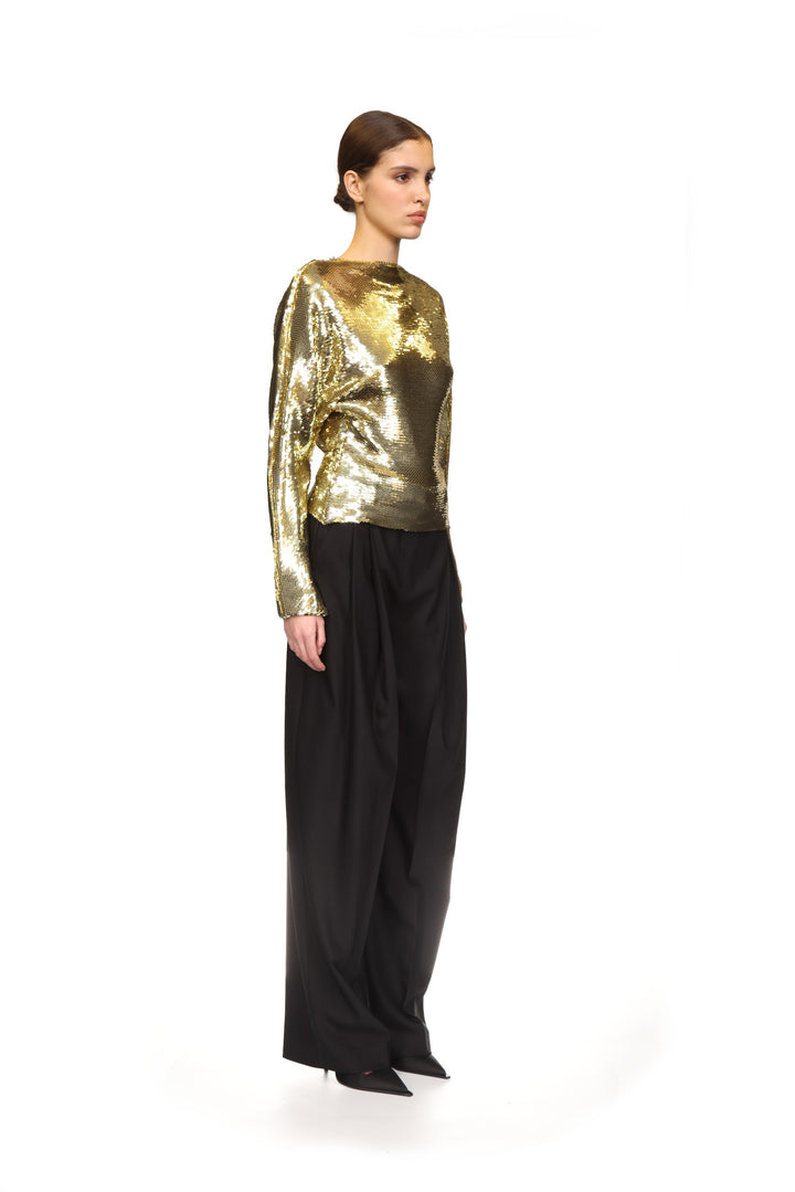SEQUIN DRAPED BACK LONG SLEEVE TOP