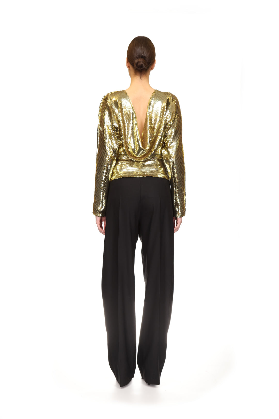 SEQUIN DRAPED BACK LONG SLEEVE TOP