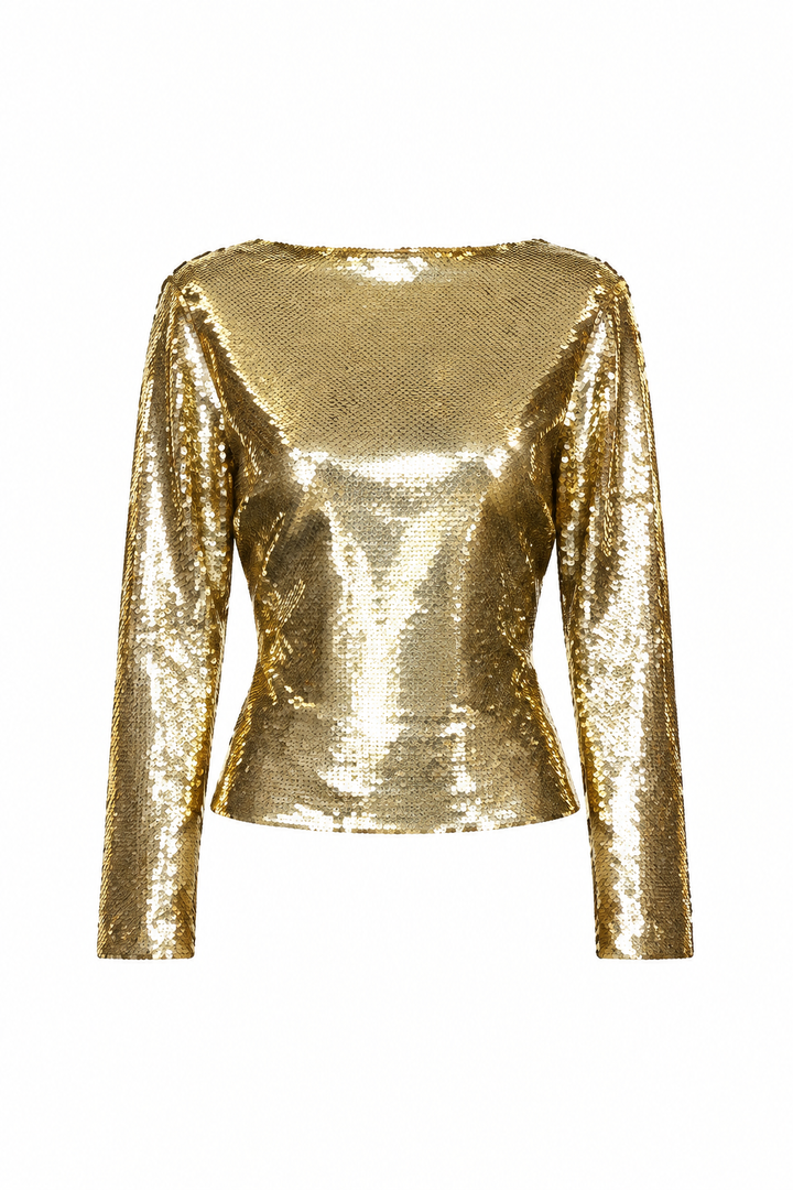 SEQUIN DRAPED BACK LONG SLEEVE TOP