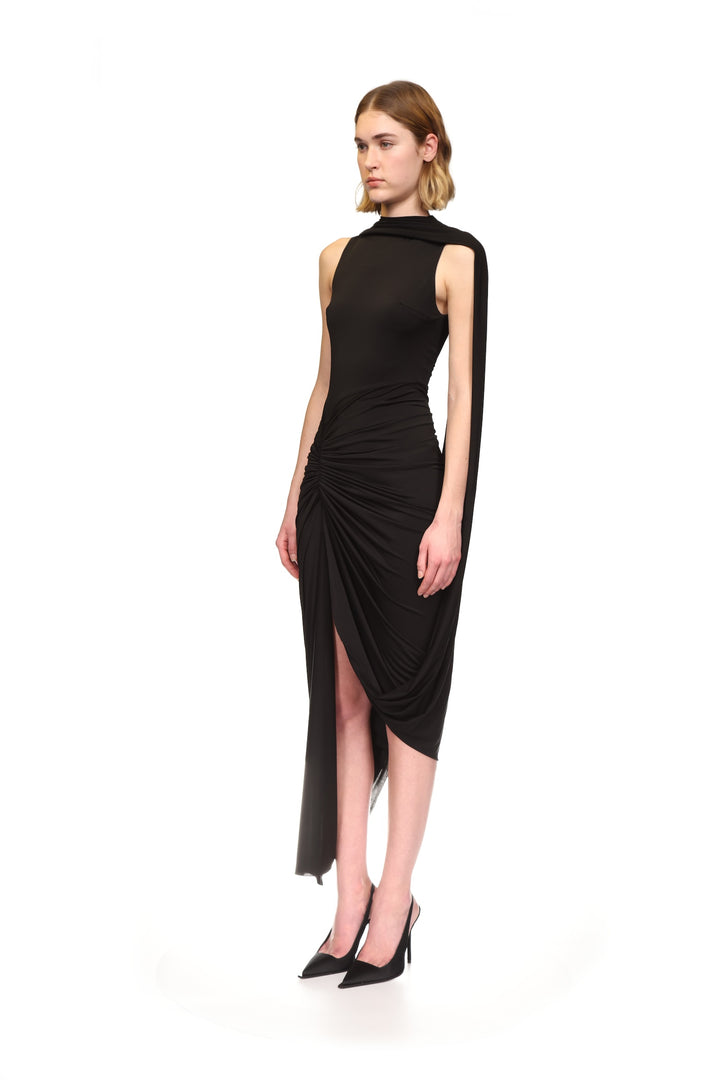 SCARF DETAIL RUCHED ASYMMETRIC MIDI DRESS