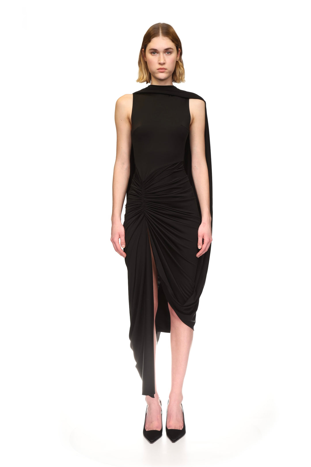 SCARF DETAIL RUCHED ASYMMETRIC MIDI DRESS