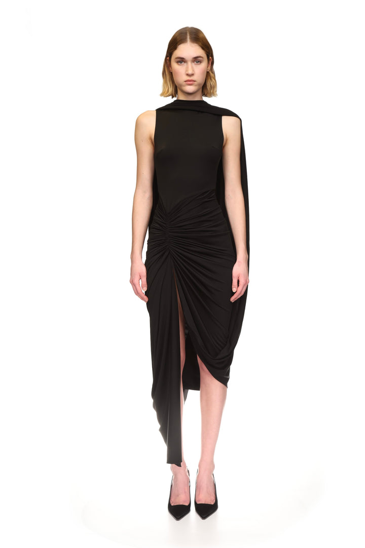 SCARF DETAIL RUCHED ASYMMETRIC MIDI DRESS