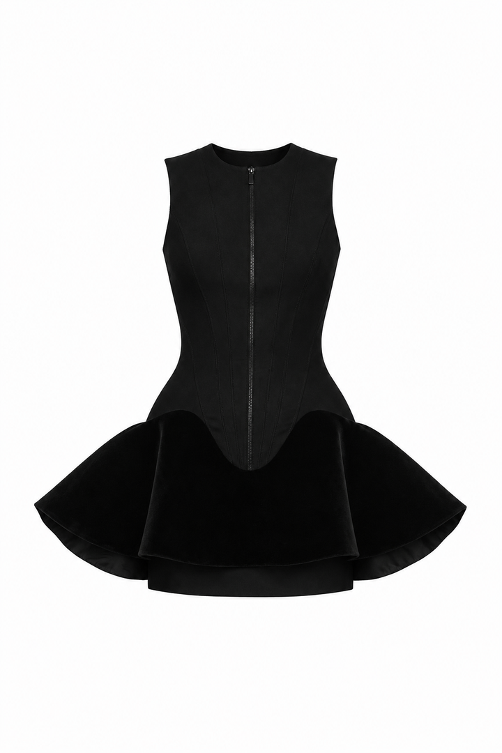 MINI DRESS WITH CONTRAST VELVET FLOUNCE HEM