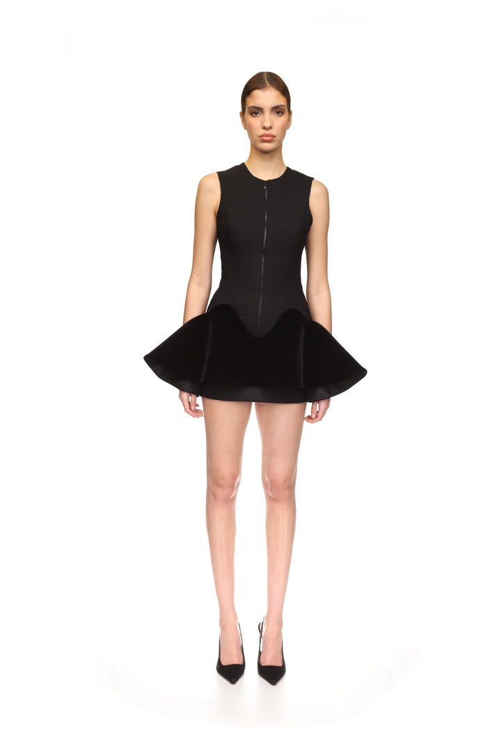 MINI DRESS WITH CONTRAST VELVET FLOUNCE HEM