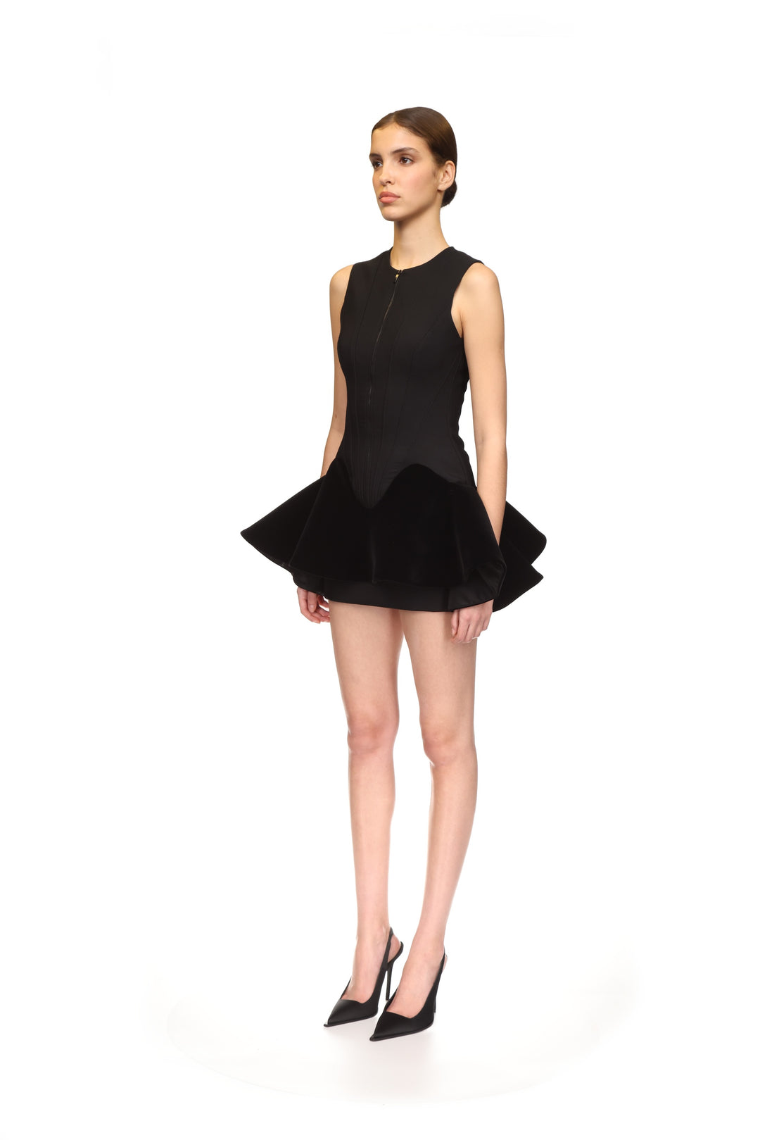 MINI DRESS WITH CONTRAST VELVET FLOUNCE HEM