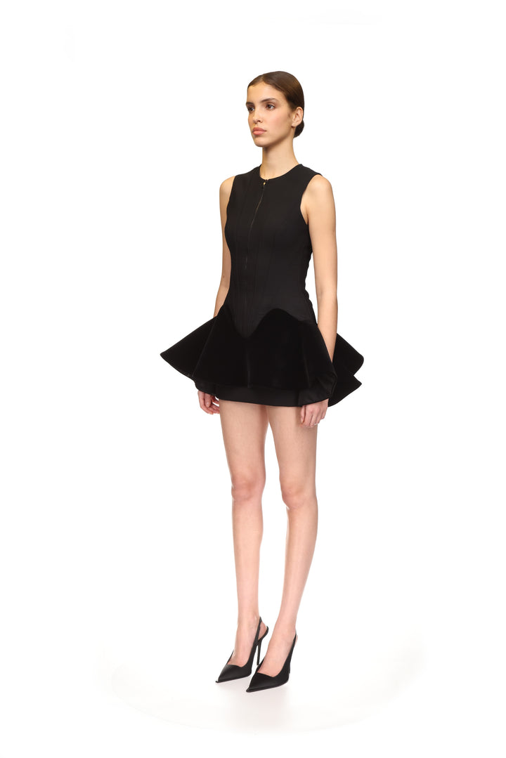 MINI DRESS WITH CONTRAST VELVET FLOUNCE HEM