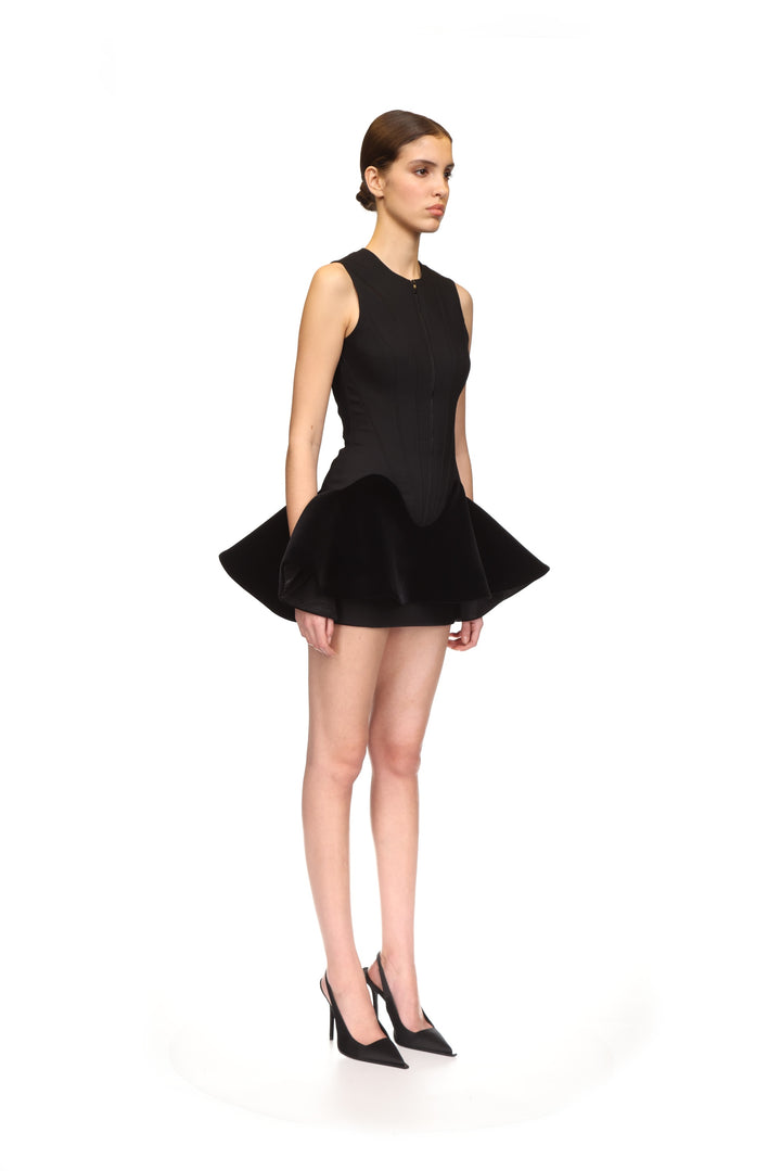 MINI DRESS WITH CONTRAST VELVET FLOUNCE HEM