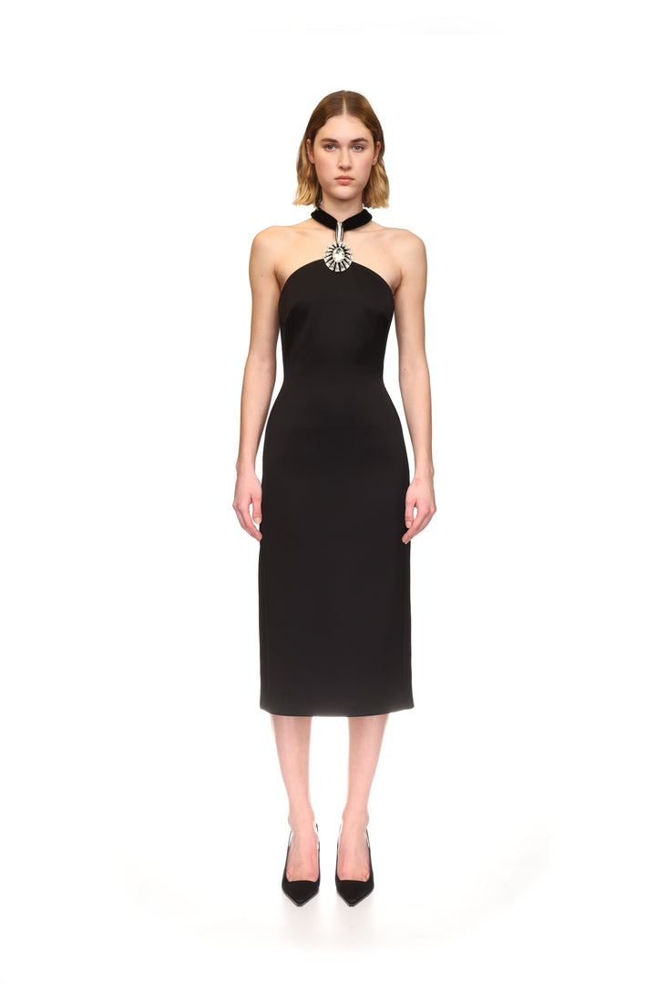 CRYSTAL PENDANT HALTER MIDI DRESS