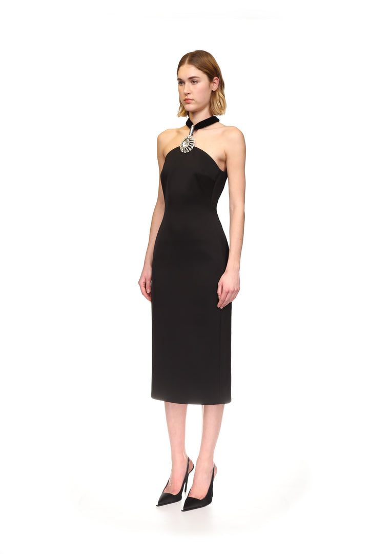CRYSTAL PENDANT HALTER MIDI DRESS