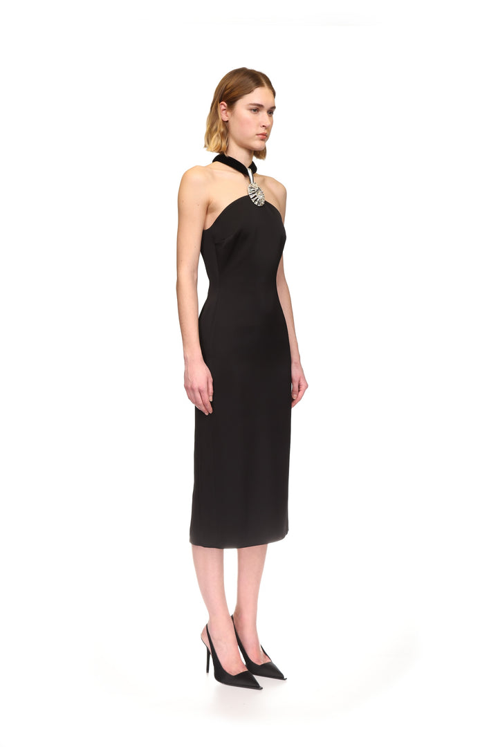 CRYSTAL PENDANT HALTER MIDI DRESS