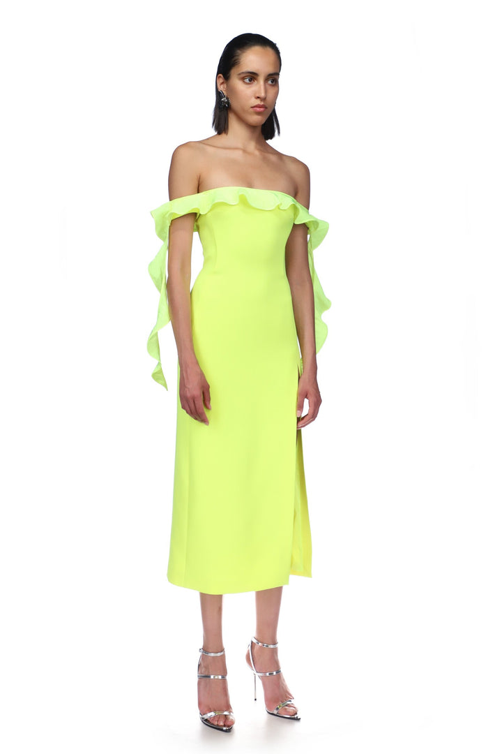 OFF SHOULDER RUFFLE MIDI DRESS IN BABY PINK