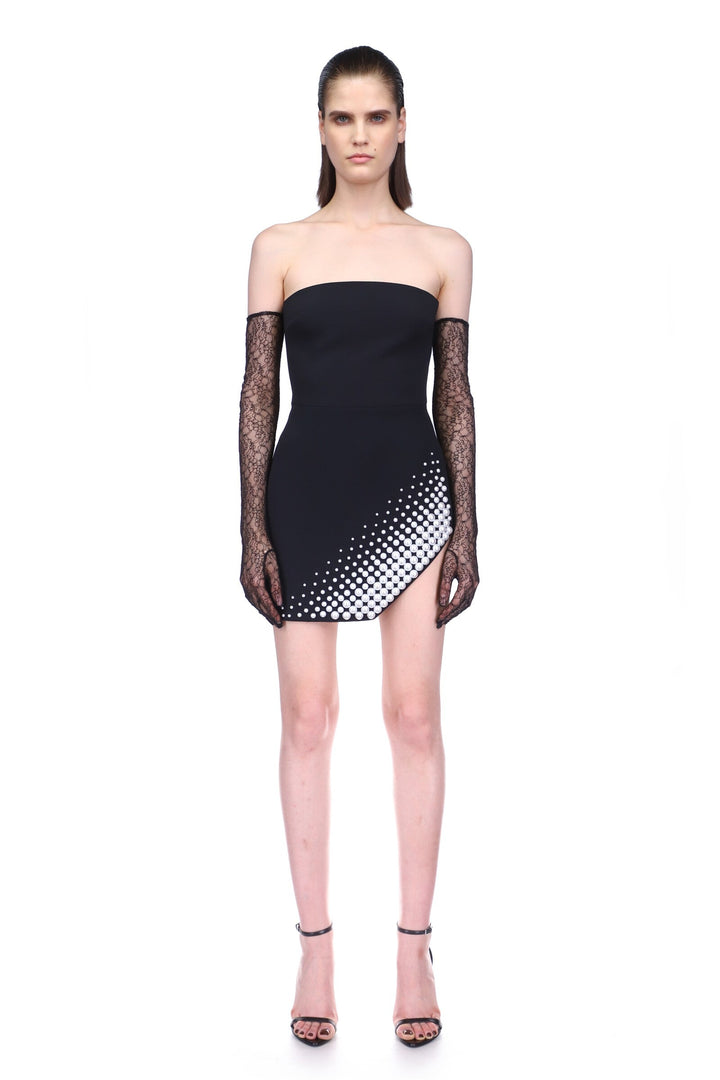 ASYMMETRIC PEARL EMBROIDERY MINI DRESS IN WHITE