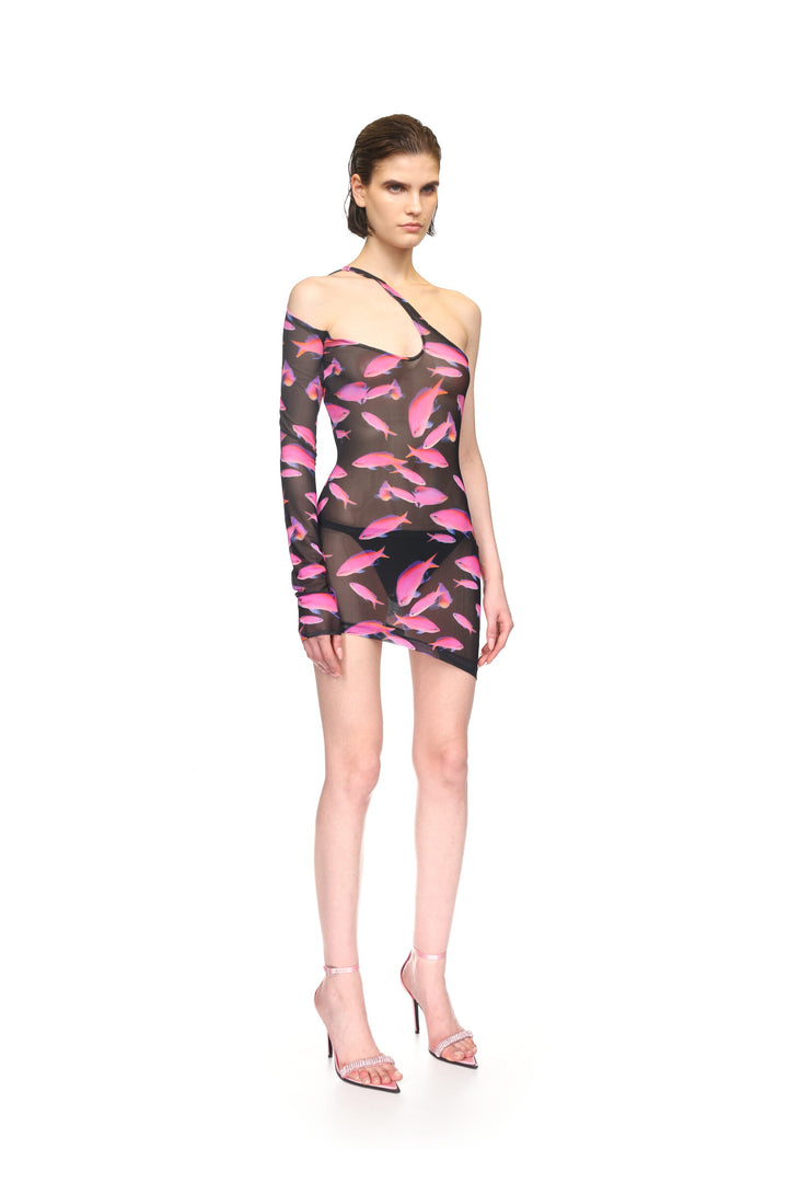 ASYMMETRIC FISH PRINT MESH MINI DRESS
