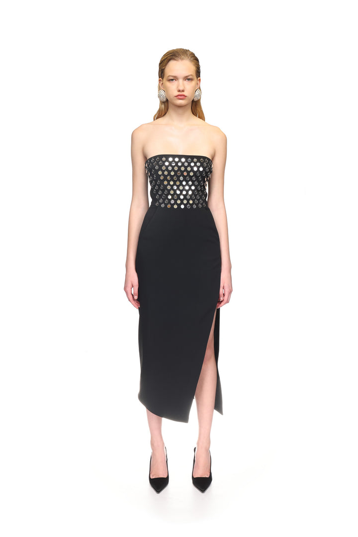 PLEXI MIRROR EMBROIDERED STRAPLESS DRESS