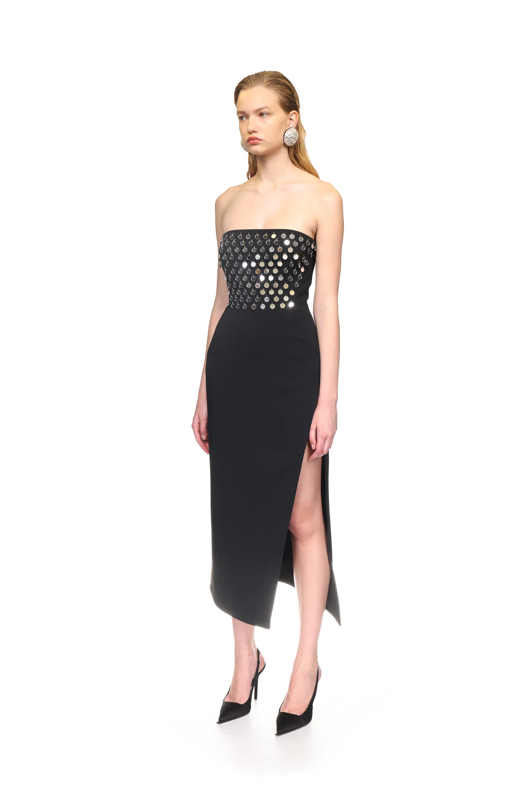 PLEXI MIRROR EMBROIDERED STRAPLESS DRESS